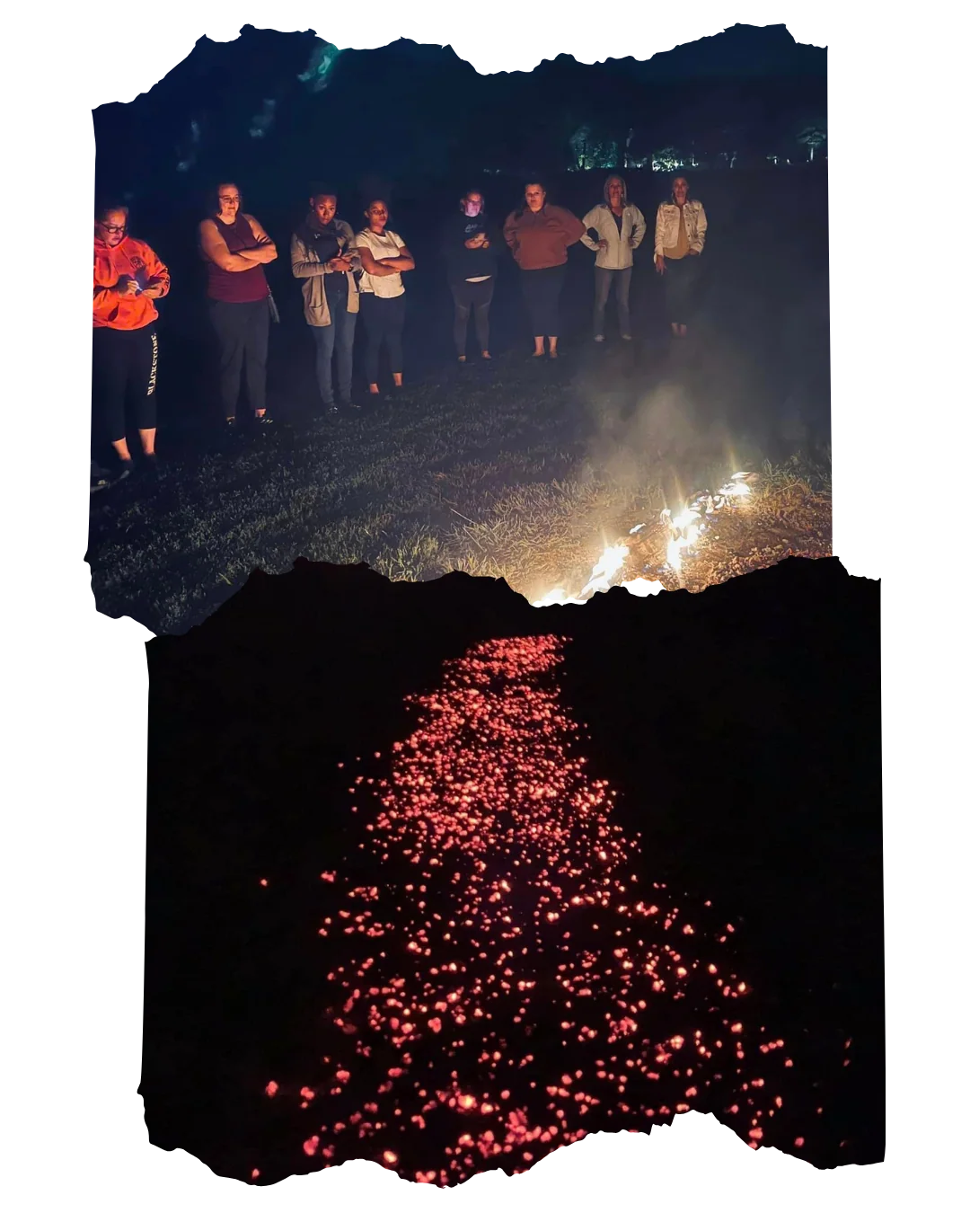 Participants gathered around the embers at an Ignite firewalk event
