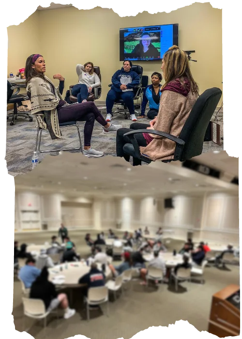 Group coaching session with a facilitator engaging participants in personal development, featuring a video call presentation in the background, highlighting Ignite Leadership 360's focus on empowerment and growth.