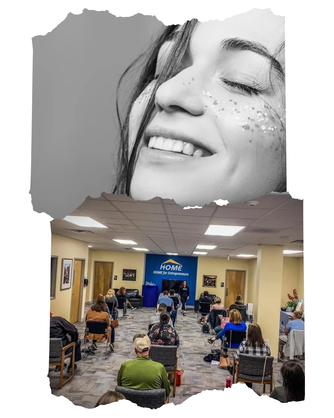 Smiling woman with glitter on her face overlaying a coaching workshop setting with participants seated, emphasizing empowerment and personal growth.